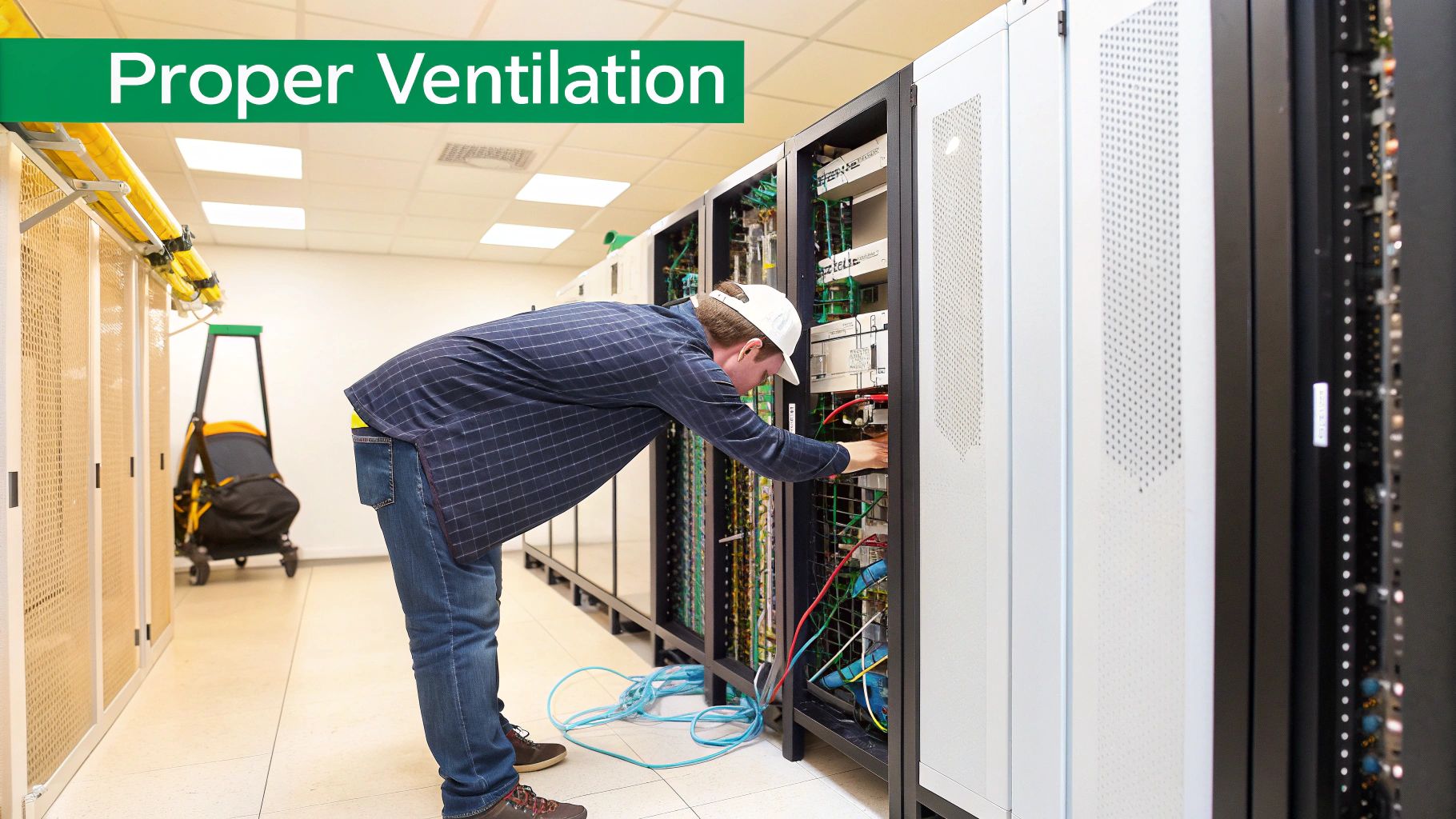A technician in a data center works on server racks and cables, highlighting proper ventilation.