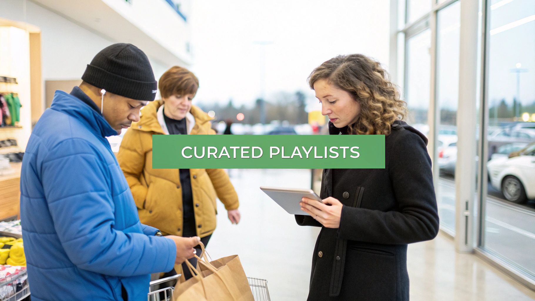 Retail store employees using tablet to manage curated playlists for customer shopping experience
