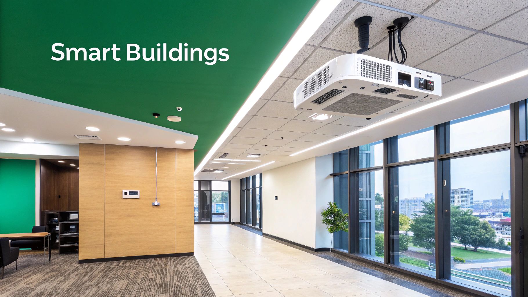 A modern office space with a green ceiling, large windows, an overhead projector, and 'Smart Buildings' text.