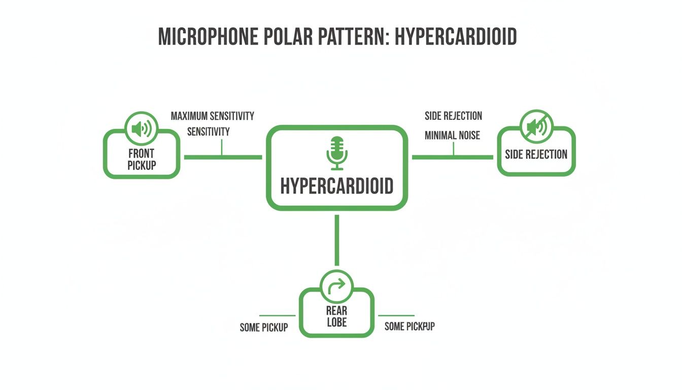 Diagram illustrating hypercardioid microphone polar pattern, showing front pickup, side rejection, and rear lobe.