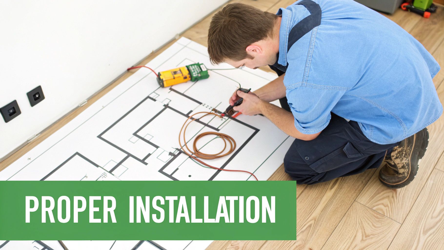 An electrician kneels on a wooden floor, working on an electrical plan with wires and tools.