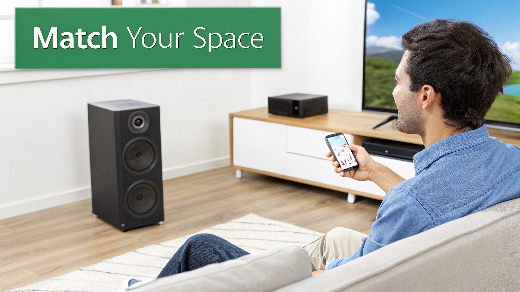 A man on a couch using a smartphone, with a large speaker and a TV in the living room.