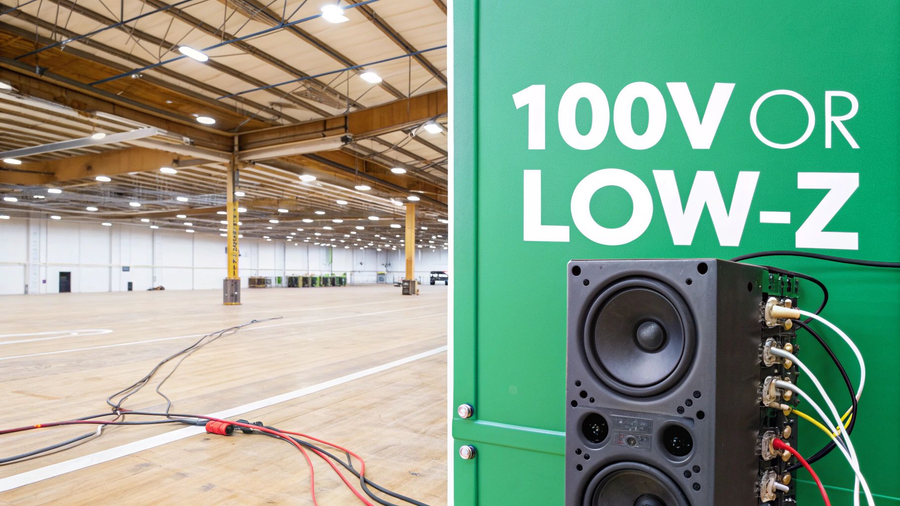 Large empty warehouse hall with audio equipment, including a speaker and a green panel with '100V or LOW-Z' text.