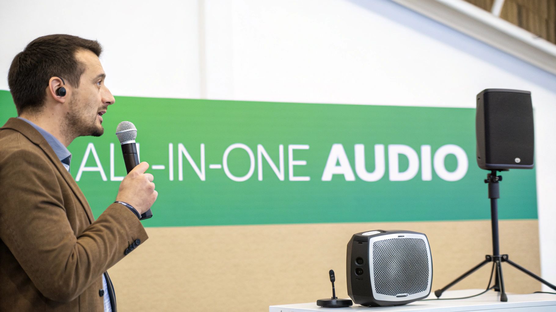 A man speaks into a wireless microphone with an earpiece, beside an 'ALL-IN-ONE AUDIO' banner and various speakers.