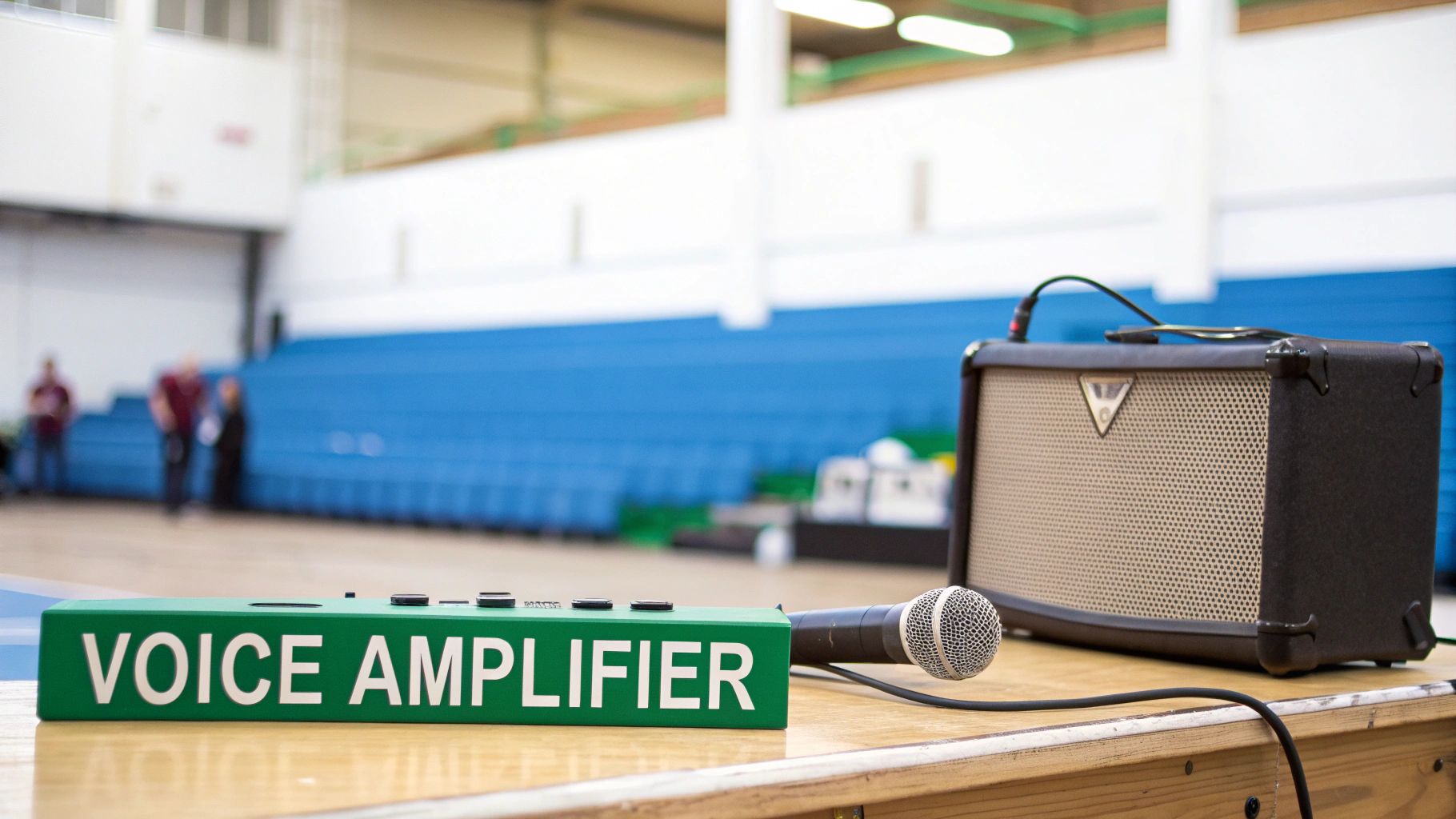 A green voice amplifier device, microphone, and speaker on a wooden table in a gymnasium.