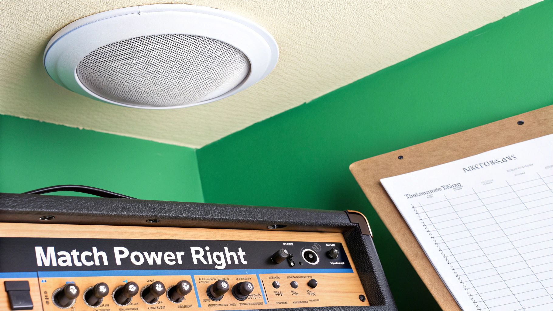 A ceiling speaker, guitar amplifier, and clipboard with paper against green walls.