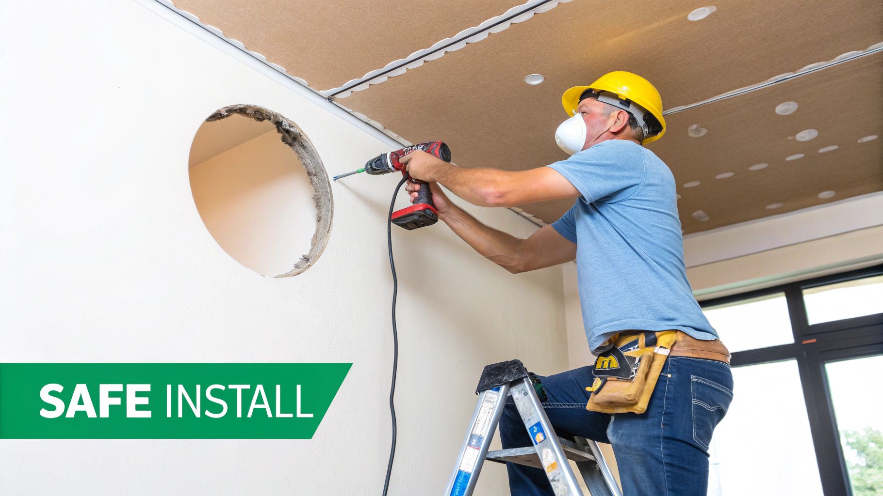 Construction worker wearing safety gear installing ceiling speakers using power drill on ladder