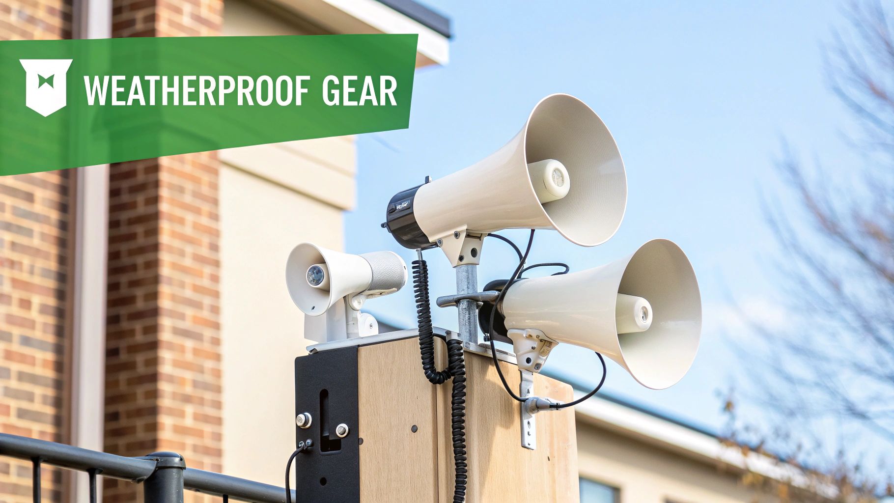 Three white weatherproof horn loudspeakers mounted outdoors on a pole, under a clear blue sky, with a banner saying 'WEATHERPROOF GEAR'.