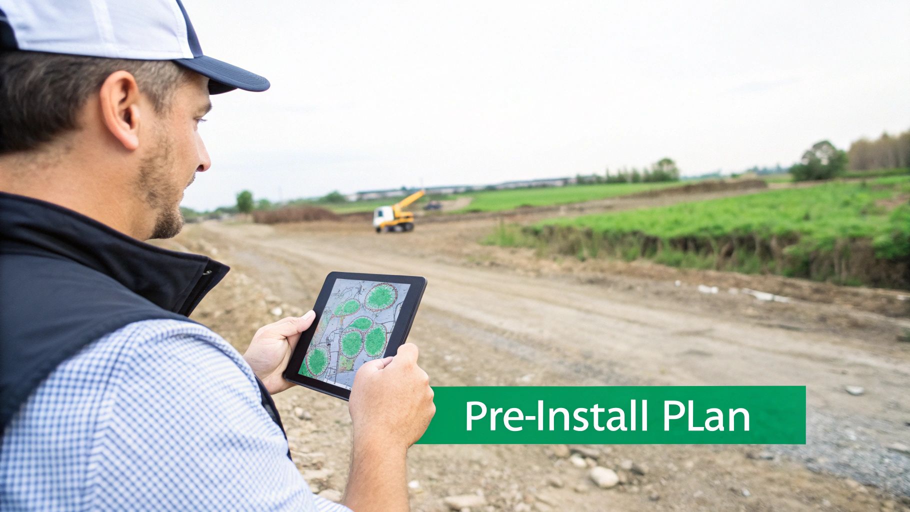 Man in a cap reviews a pre-install plan for an outdoor loudspeaker system on a tablet at a construction site.