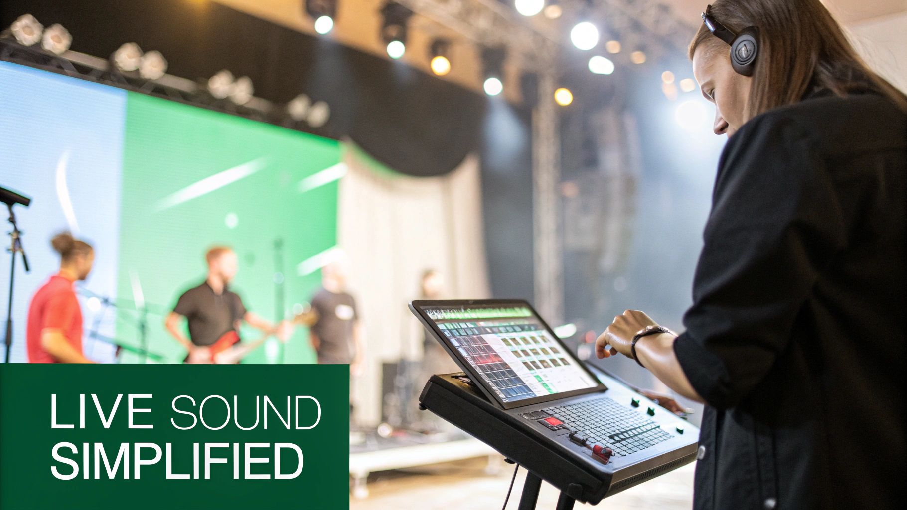 A sound engineer wearing headphones operates a digital audio mixer at a live concert stage with a band.