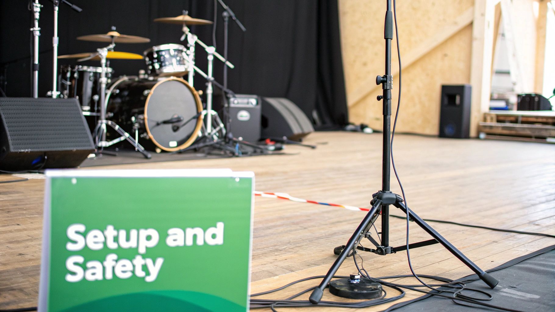 A music stage setup featuring a drum kit, speakers, a microphone stand, and a 'Setup and Safety' sign.