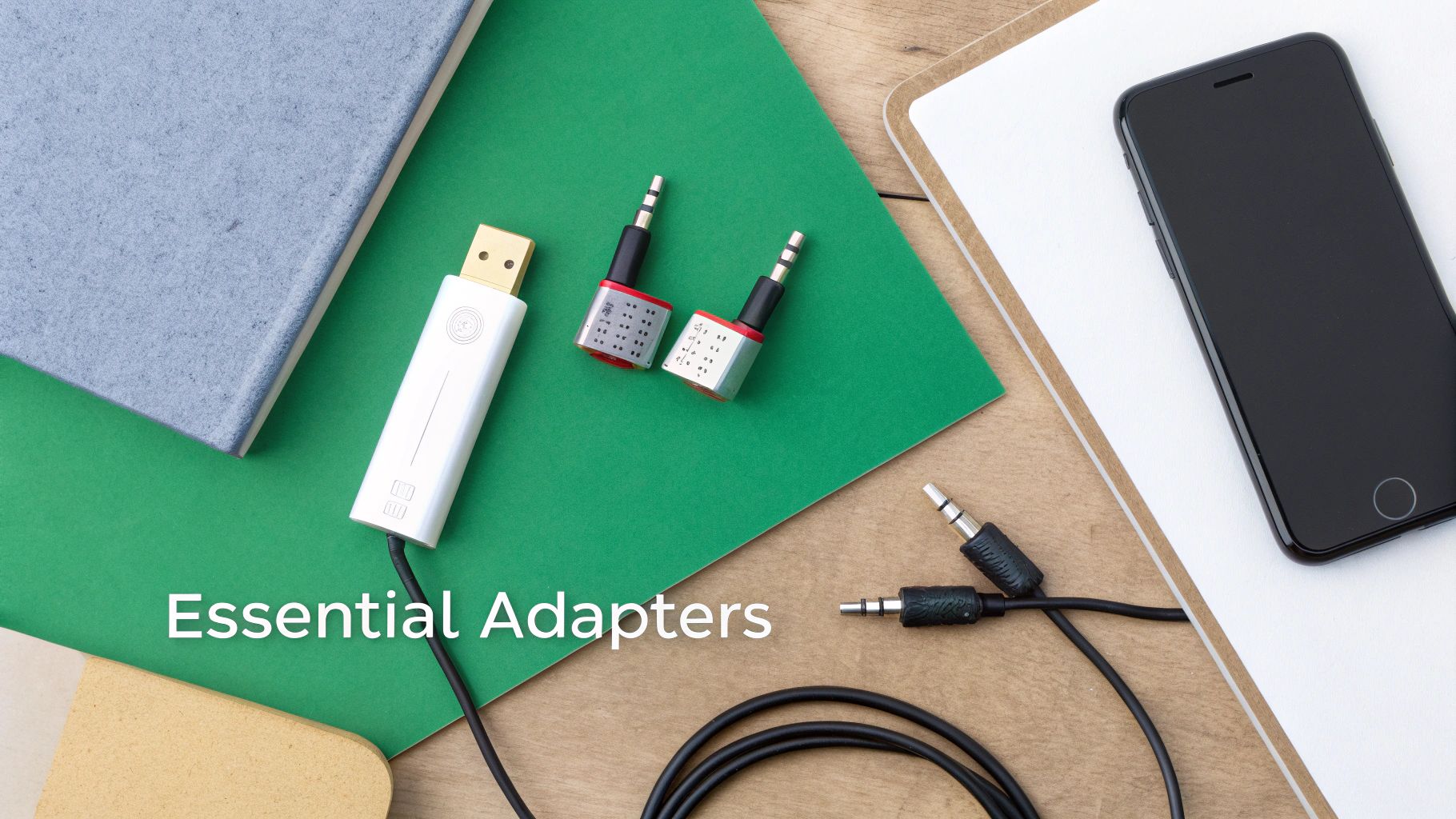 A flat lay showing various audio and USB adapters, a black smartphone, and a book on a desk.