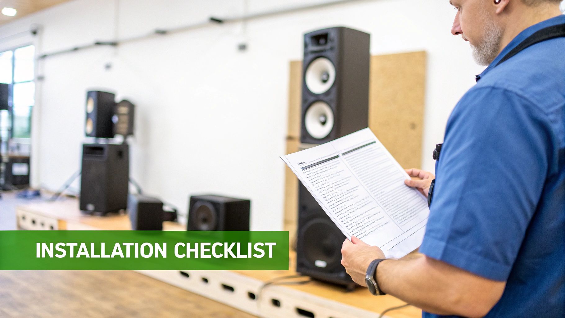 A man reviews an installation checklist for various audio speakers in a testing room.