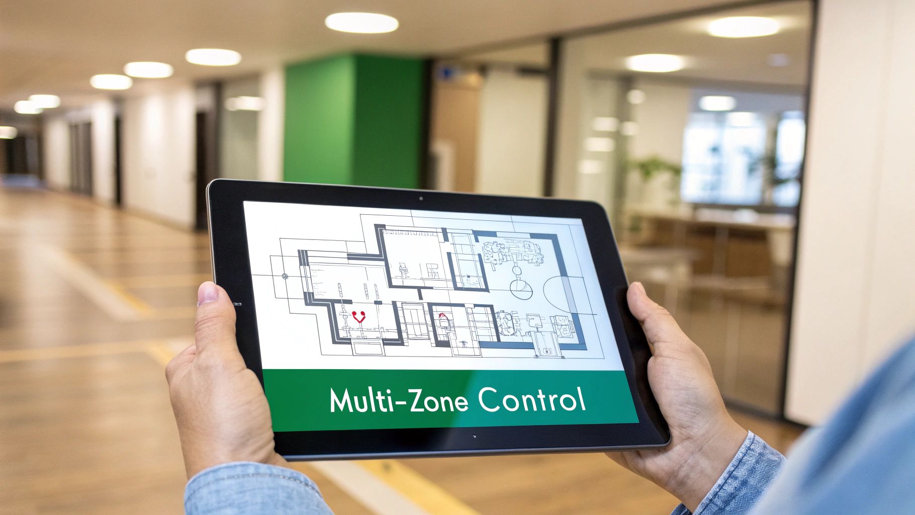 A person holds a tablet displaying a multi-zone control floor plan in an office hallway.