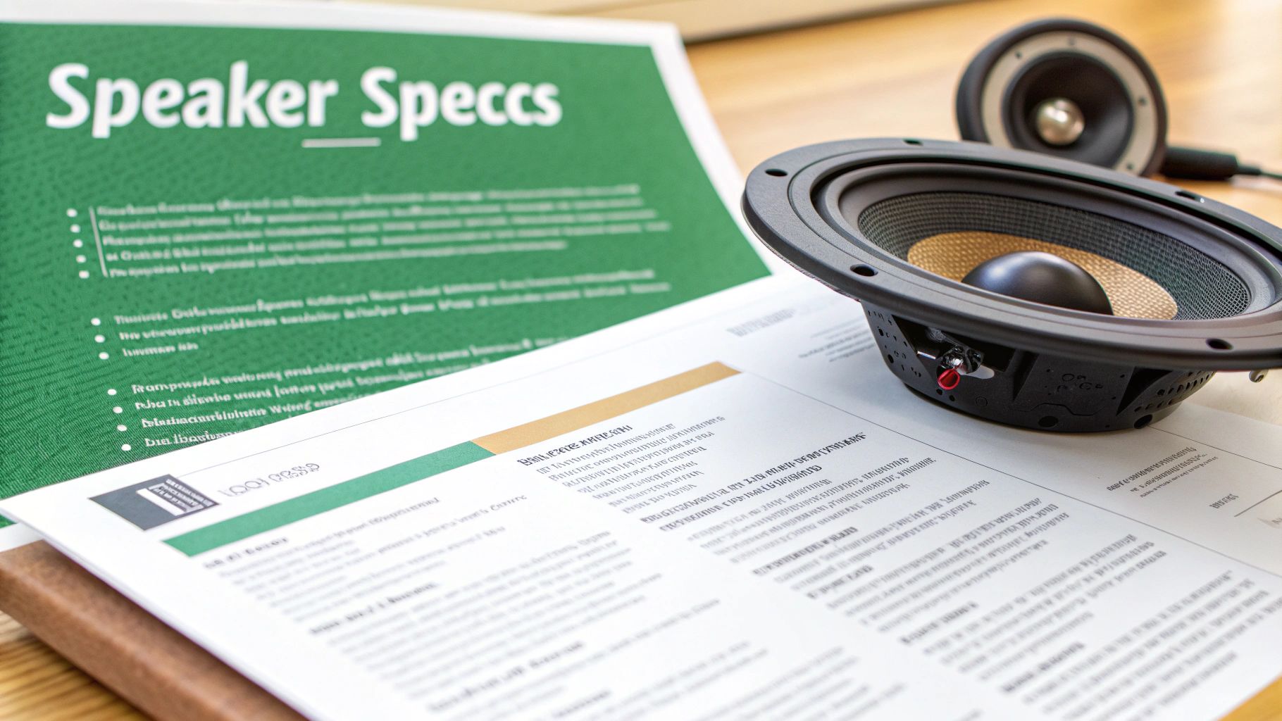 Two disassembled speaker components, a woofer and a tweeter, resting on technical documents titled 'Speaker Speccs'.