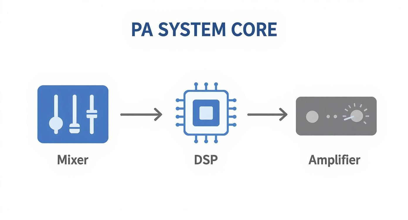 Diagram illustrating the core components of a PA system: Mixer, DSP (Digital Signal Processor), and Amplifier.
