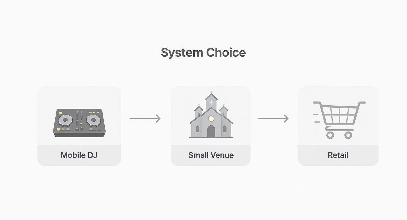 A flowchart titled 'System Choice' showing options: Mobile DJ, Small Venue, and Retail, each with an icon.