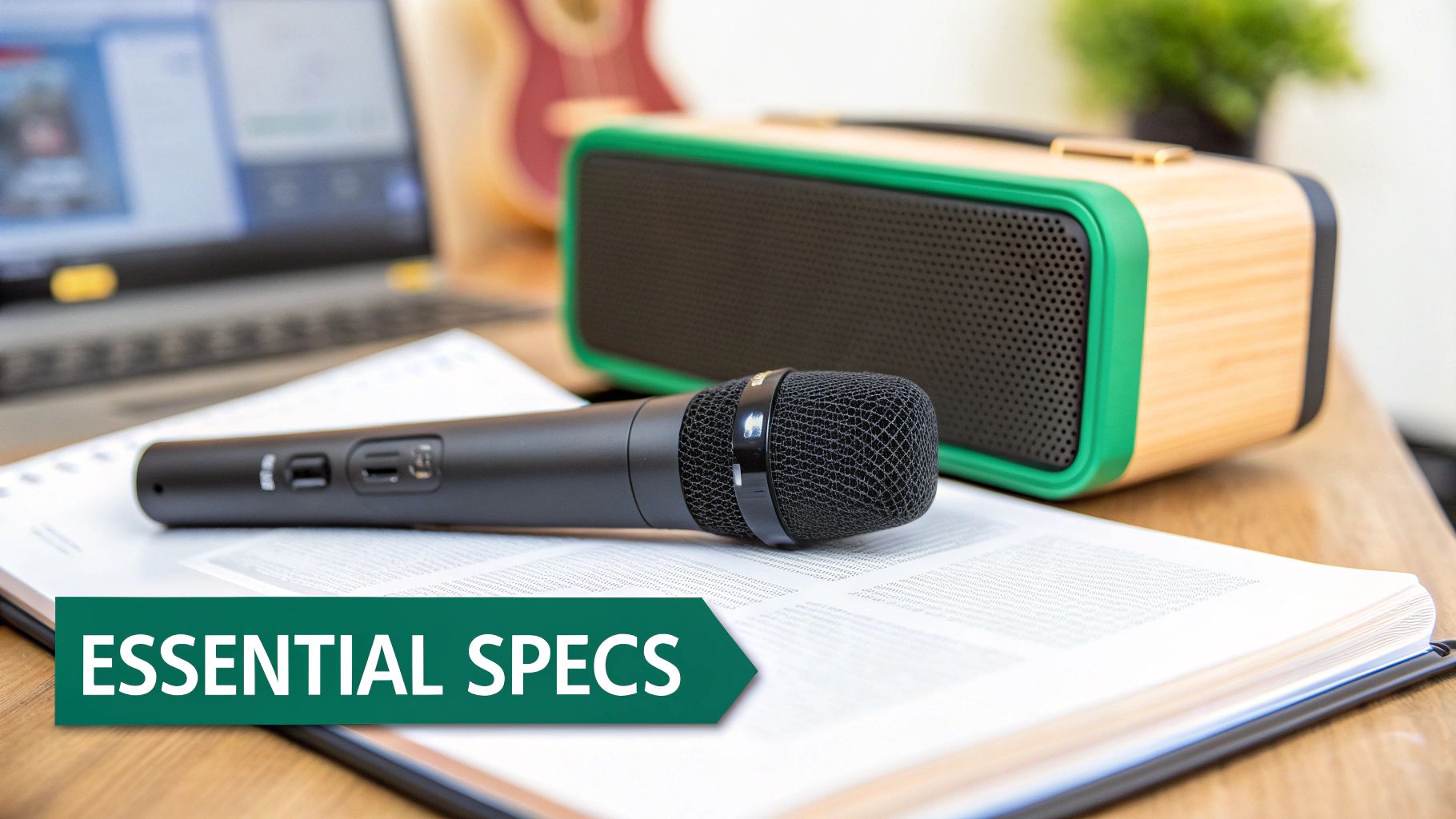 Close-up of a black wireless microphone and a stylish wooden speaker on a desk with an open book.