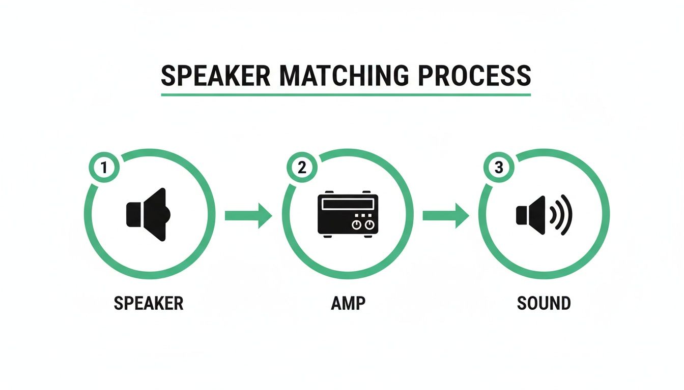 A diagram illustrating the speaker matching process: speaker connects to amplifier, then produces sound.