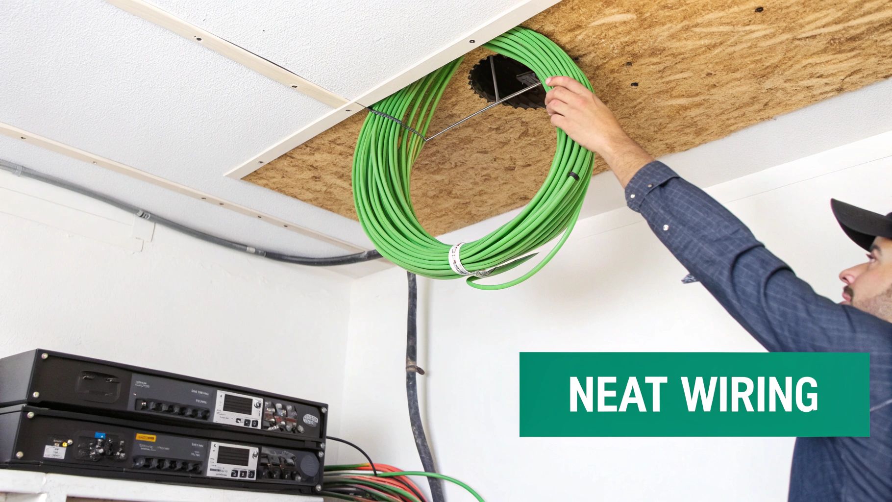 Electrician threading green cable through ceiling opening for neat speaker wiring installation