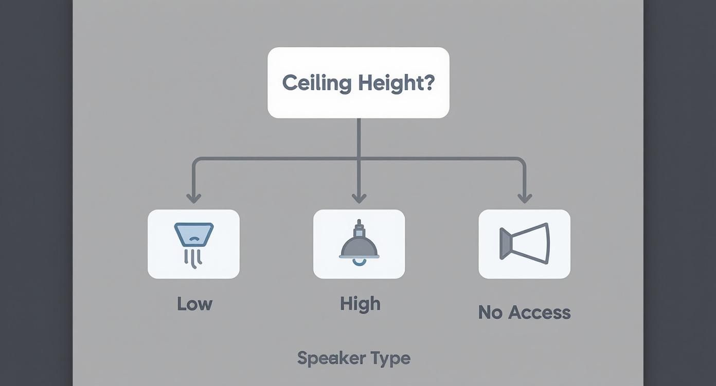 Decision tree diagram showing speaker type selection based on ceiling height for retail store audio systems