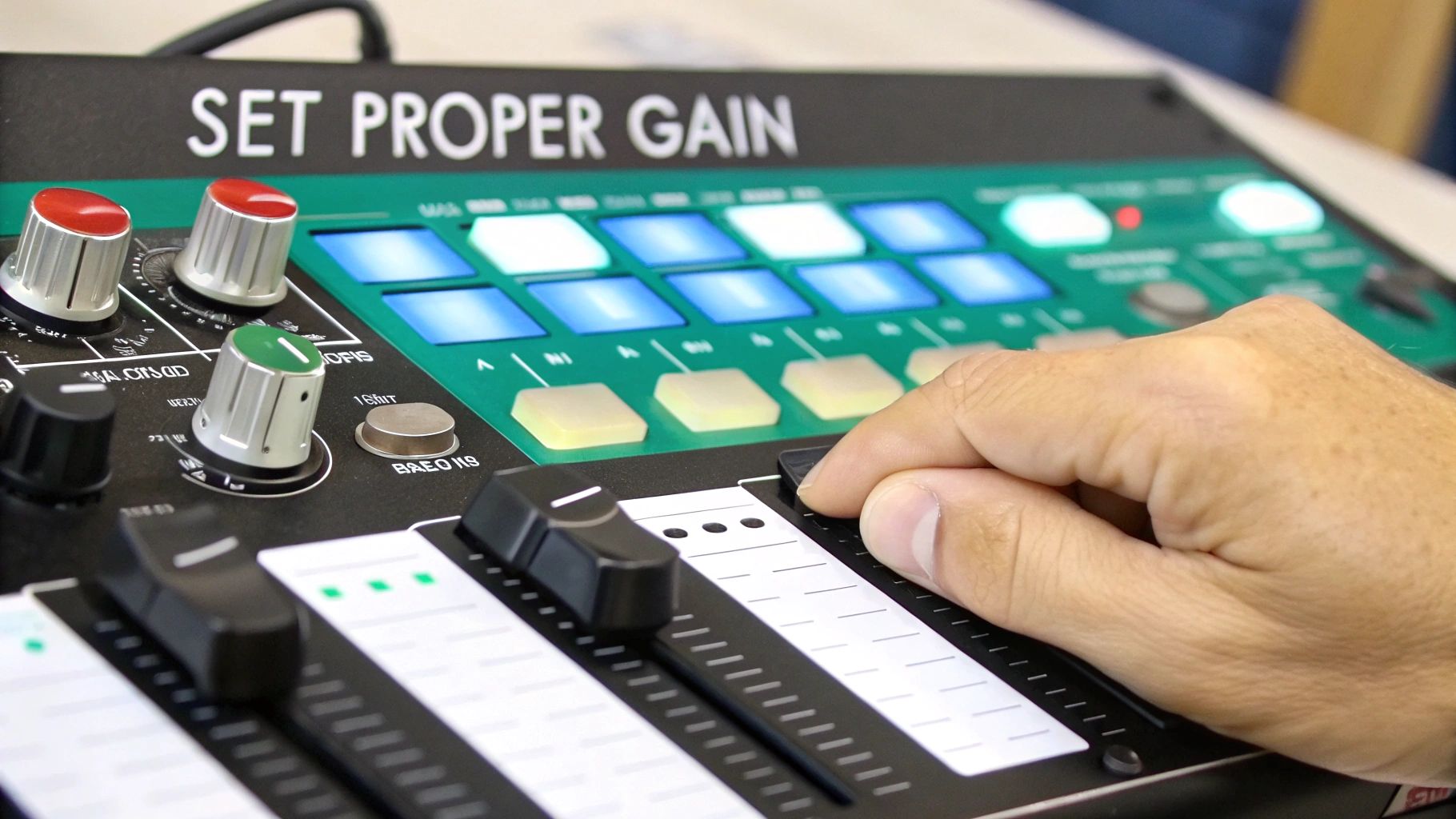 A hand adjusts a fader on a black and green sound mixing console with various buttons.