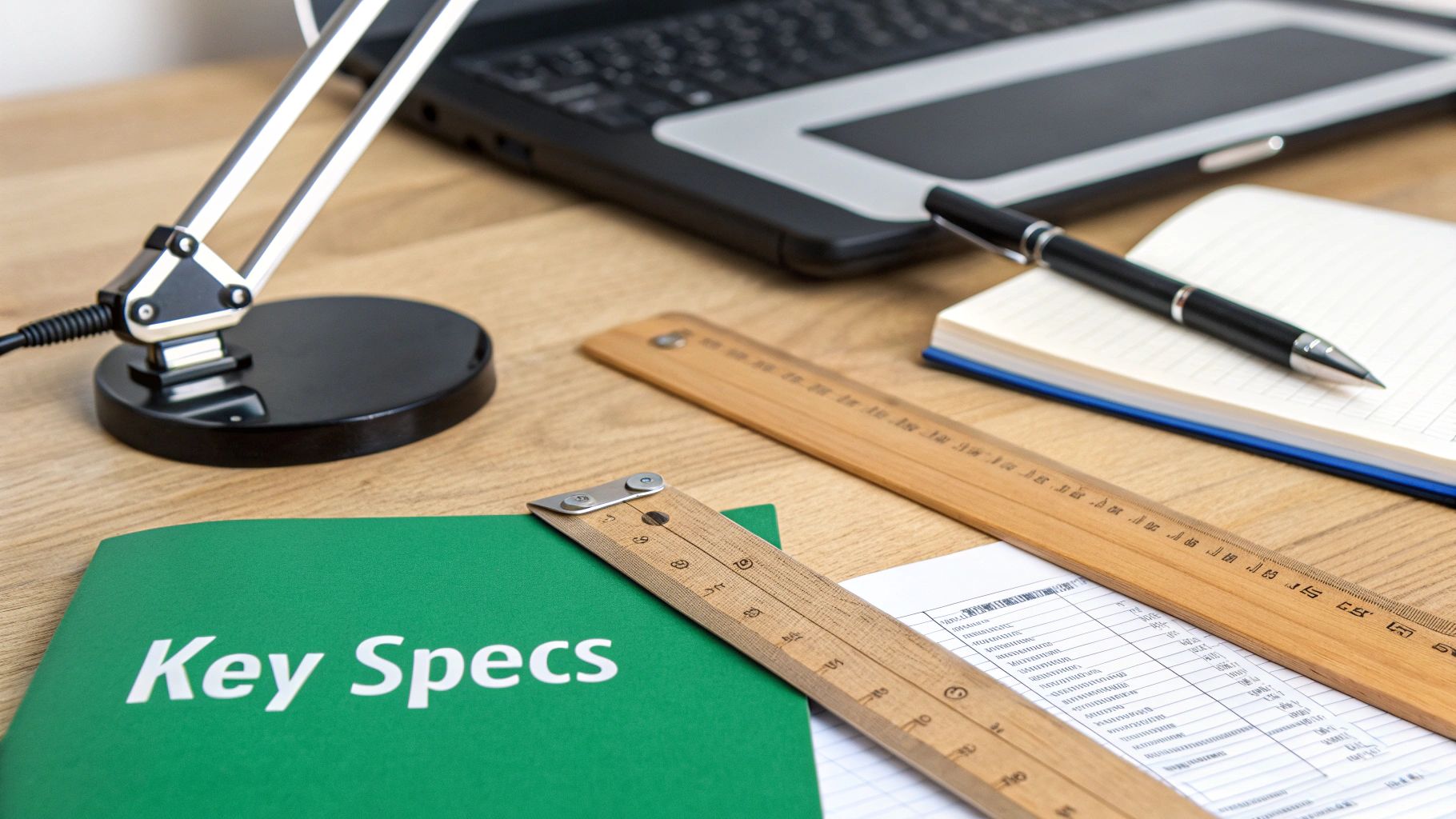 Overhead view of a workspace with a "Key Specs" folder, rulers, laptop, pen, and lamp.