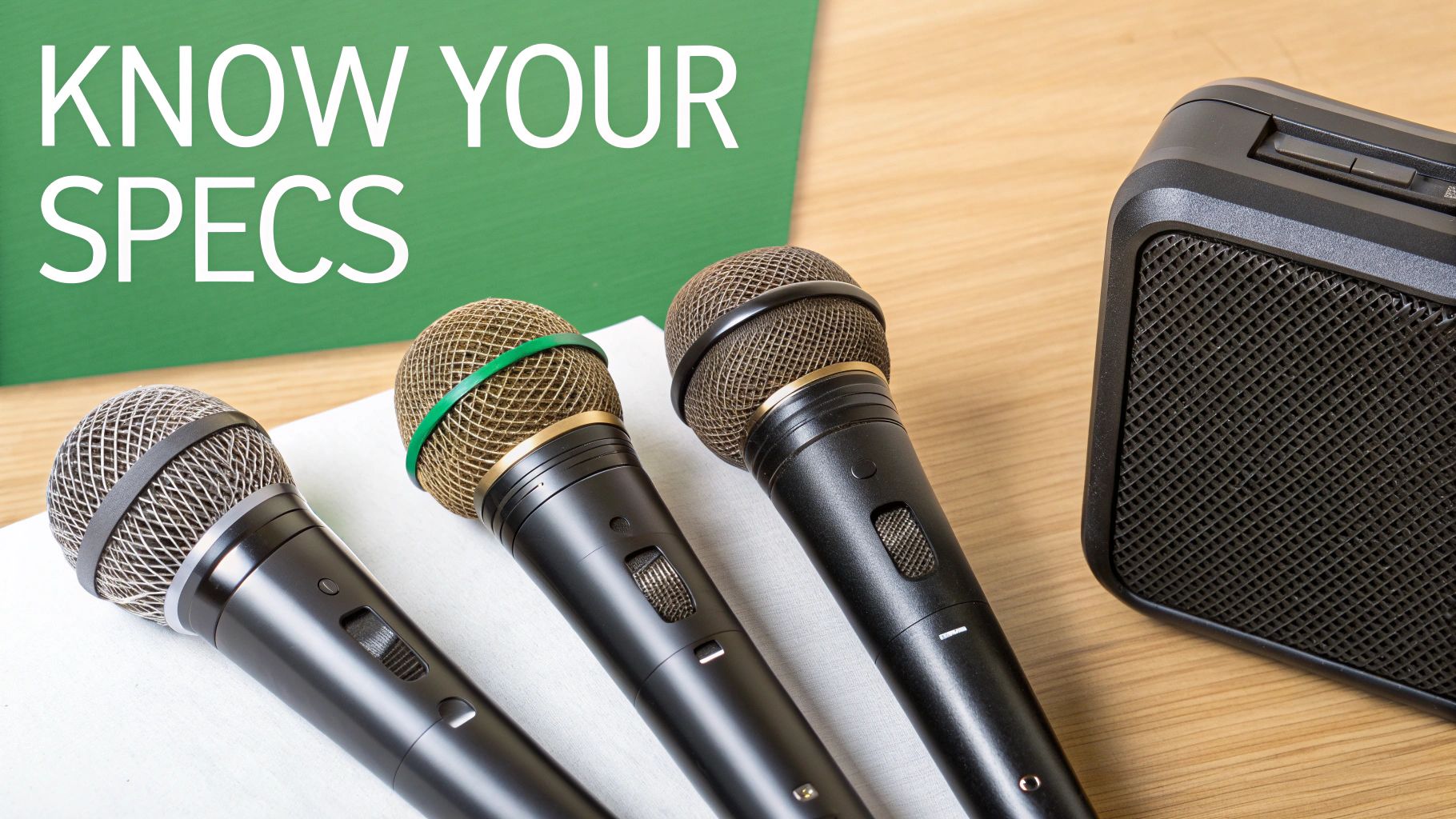 Three microphones and a speaker on a table, with a 'KNOW YOUR SPECS' sign.