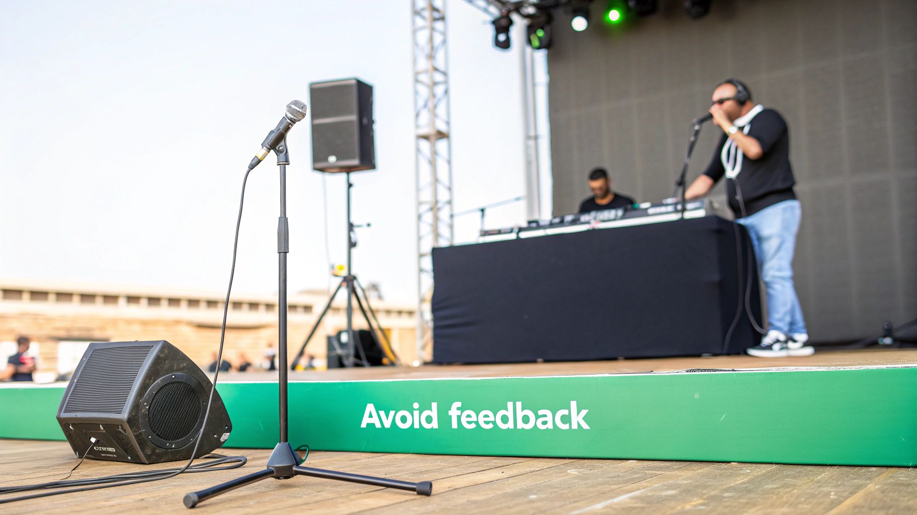 A microphone and floor monitor on a stage, with a DJ performing live in the background.