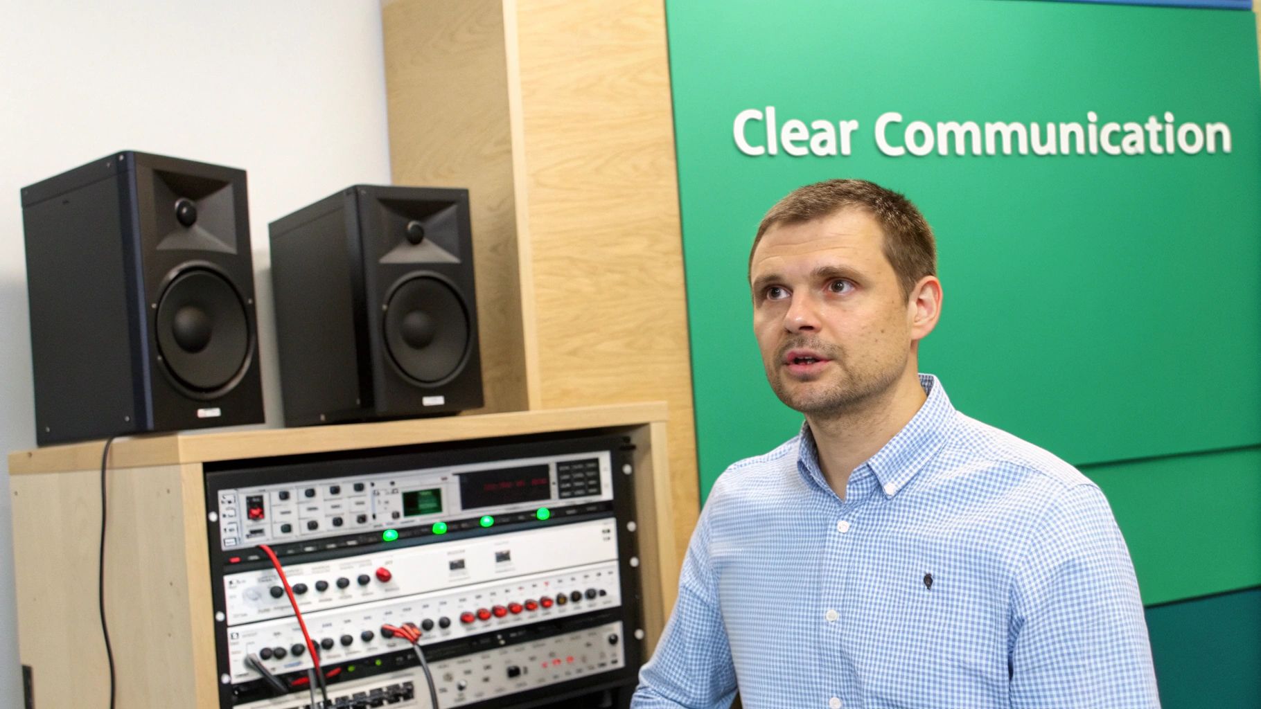 A man stands near professional audio equipment, including studio monitors and a mixing rack, with 'Clear Communication' on a green wall.