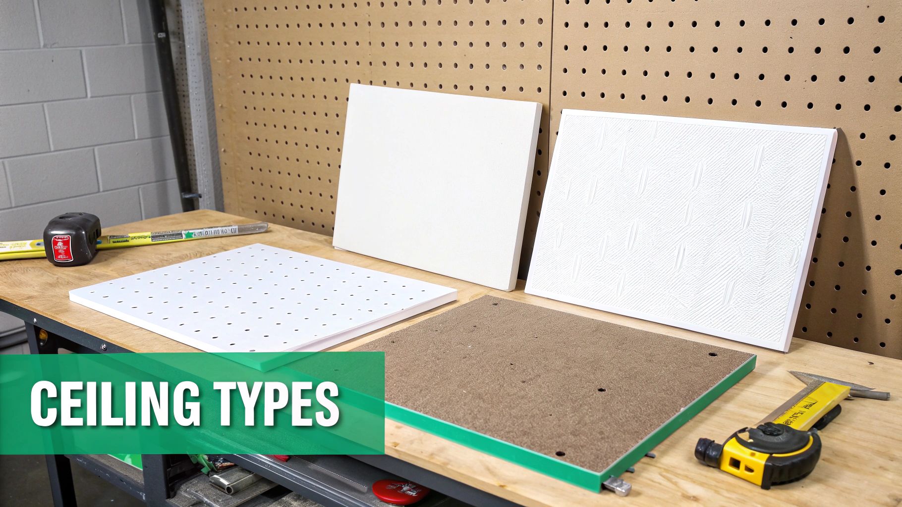 A collection of different ceiling tile types on a wooden workbench with tools and a pegboard wall.