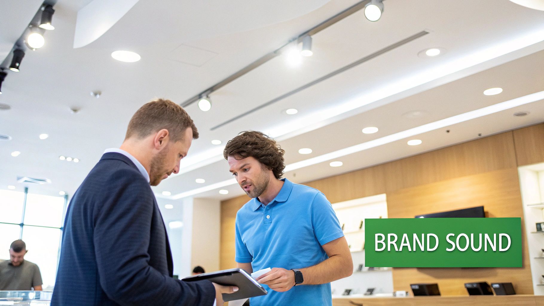 Two business professionals discussing retail technology solutions in modern store environment with customer service