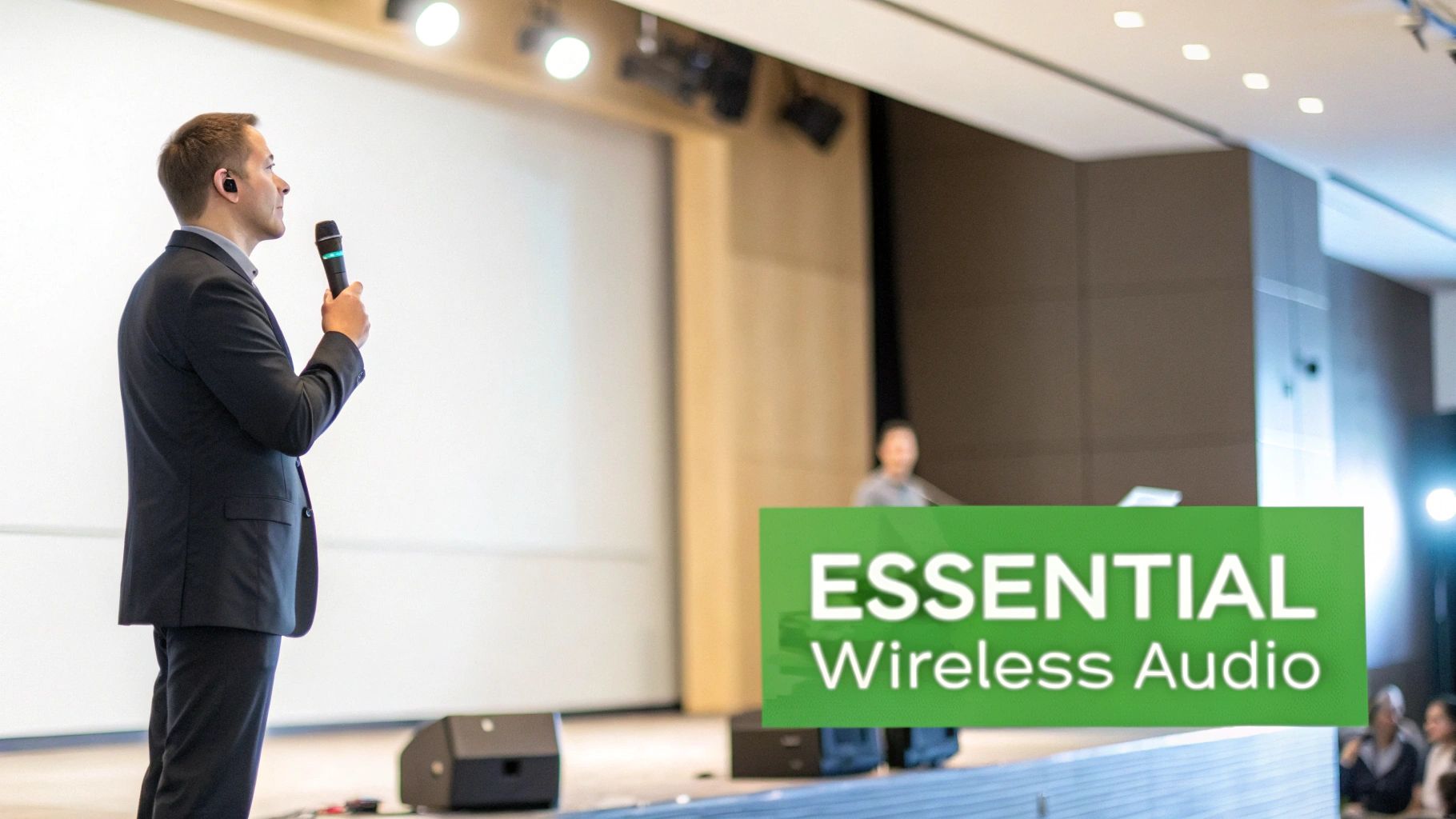 A man in a suit on stage speaks into a wireless microphone with an earpiece.