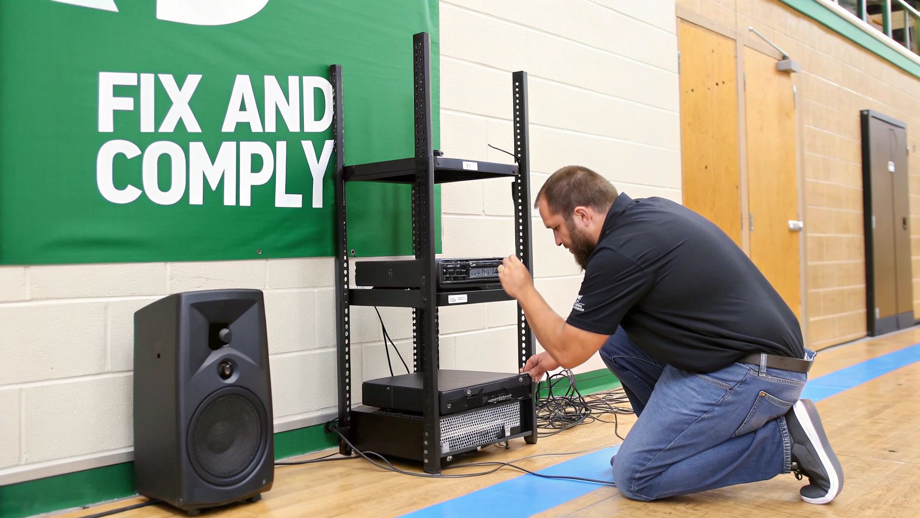 Man setting up audio equipment on a rack next to a speaker in a gymnasium.