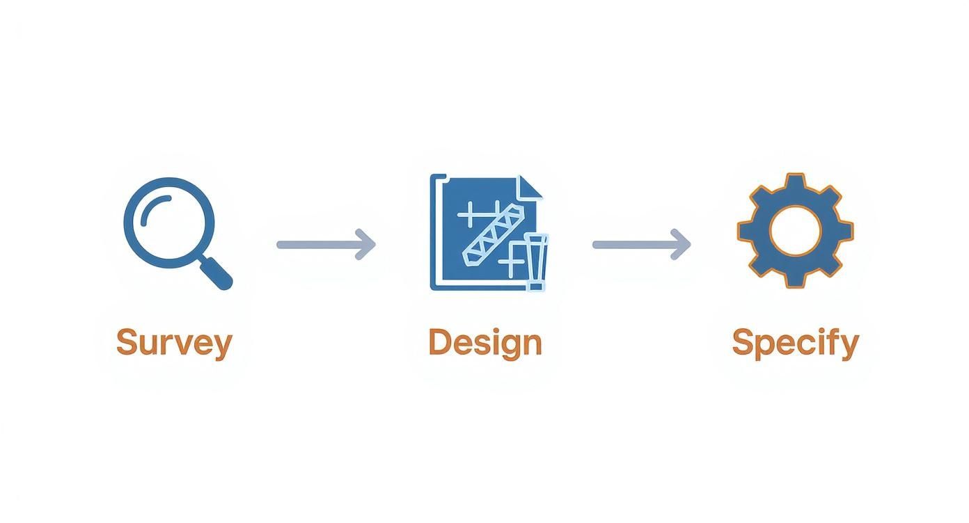 A three-step process diagram illustrating Survey, Design, and Specify with icons and connecting arrows.