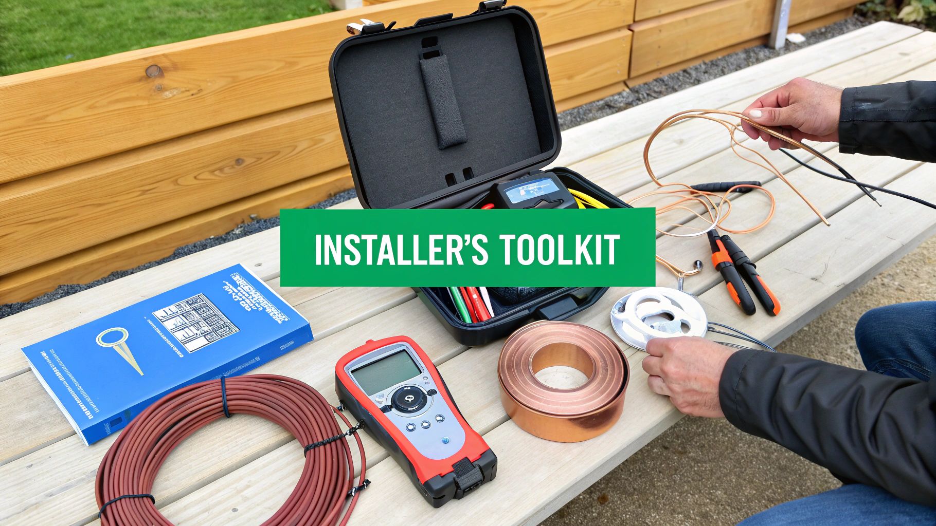 An installer's toolkit with various tools, wires, and a meter on a wooden bench, ready for a hearing loop system installation.