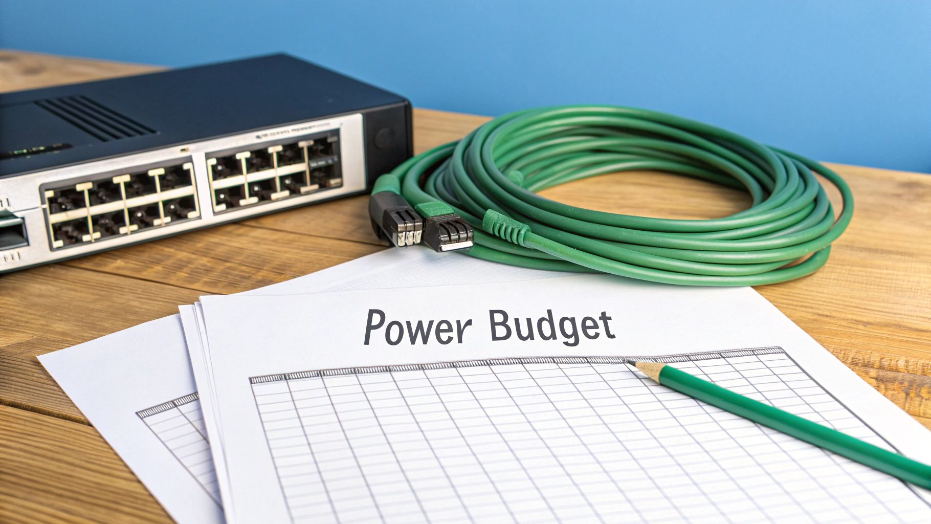 A network switch, coiled green Ethernet cable, and 'Power Budget' document with a pencil on a wooden desk.