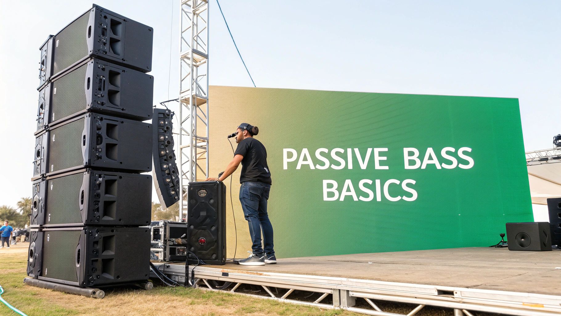 A man speaks into a microphone on an outdoor stage with stacked speakers and a screen.