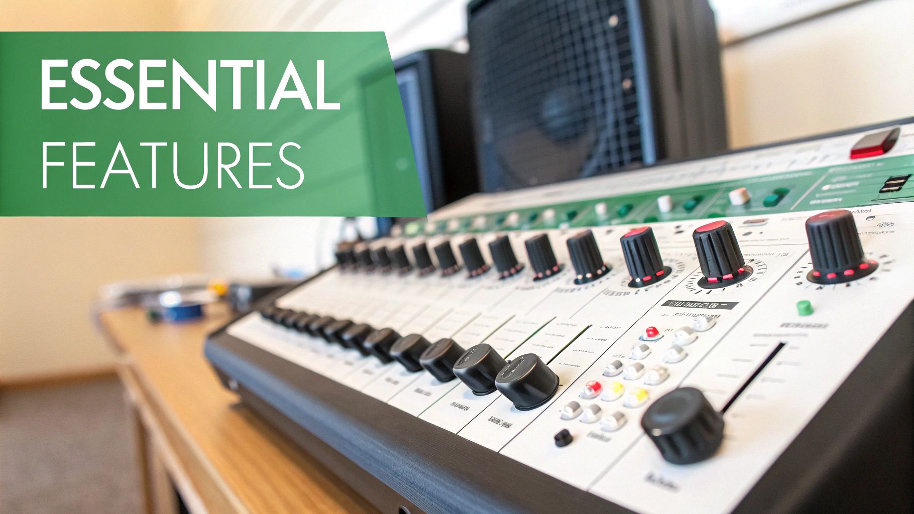 A sound mixing console with numerous black and red knobs, faders, and buttons, under a green banner labeled 'Essential Features'.