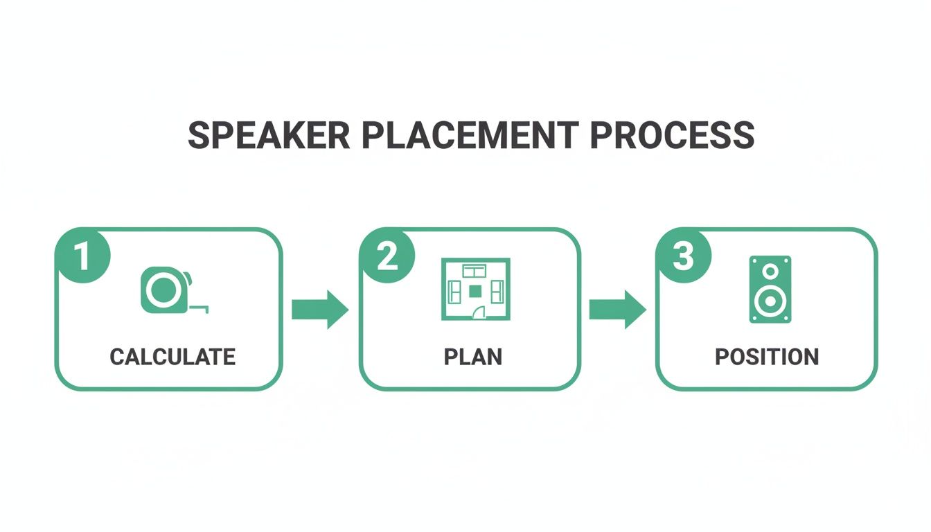 Infographic detailing the three-step speaker placement process: calculate, plan, and position for optimal audio.