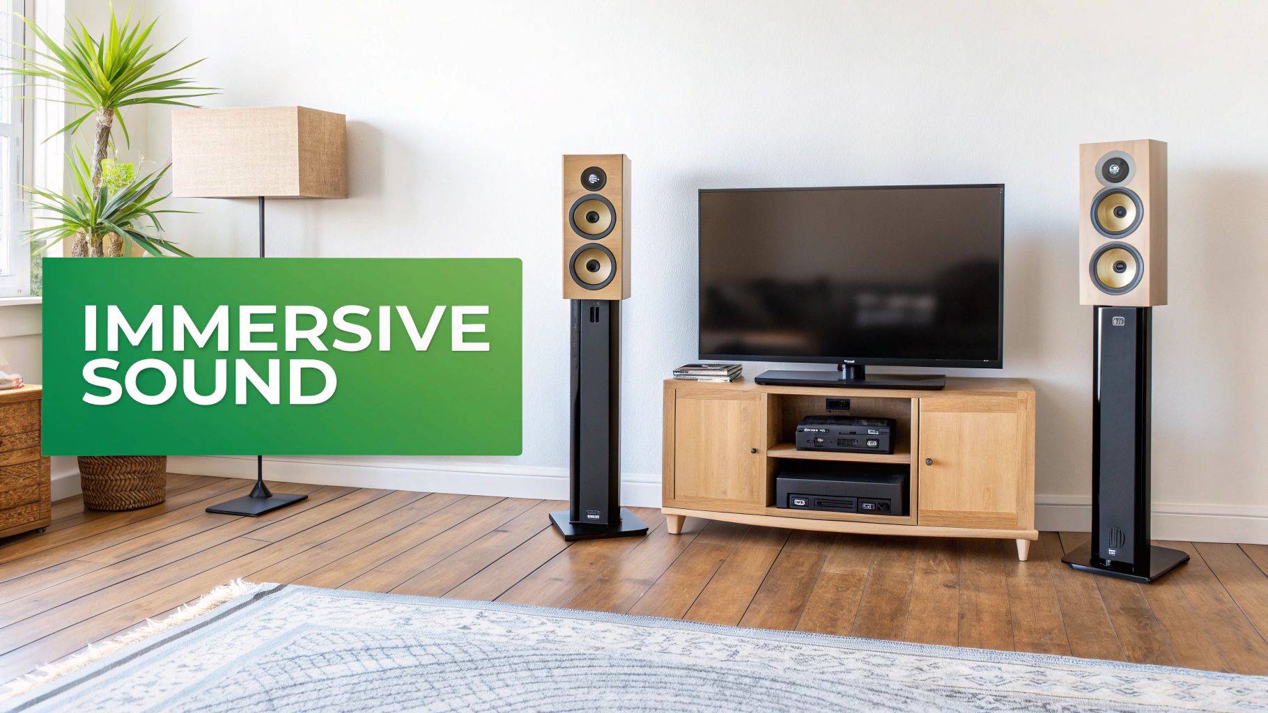 A living room featuring a TV, a wooden media console, and two tall floor-standing speakers for immersive sound.