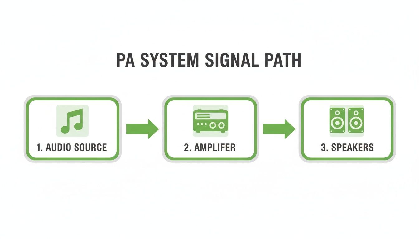 Diagram illustrating the PA system signal path from audio source to amplifier to speakers.