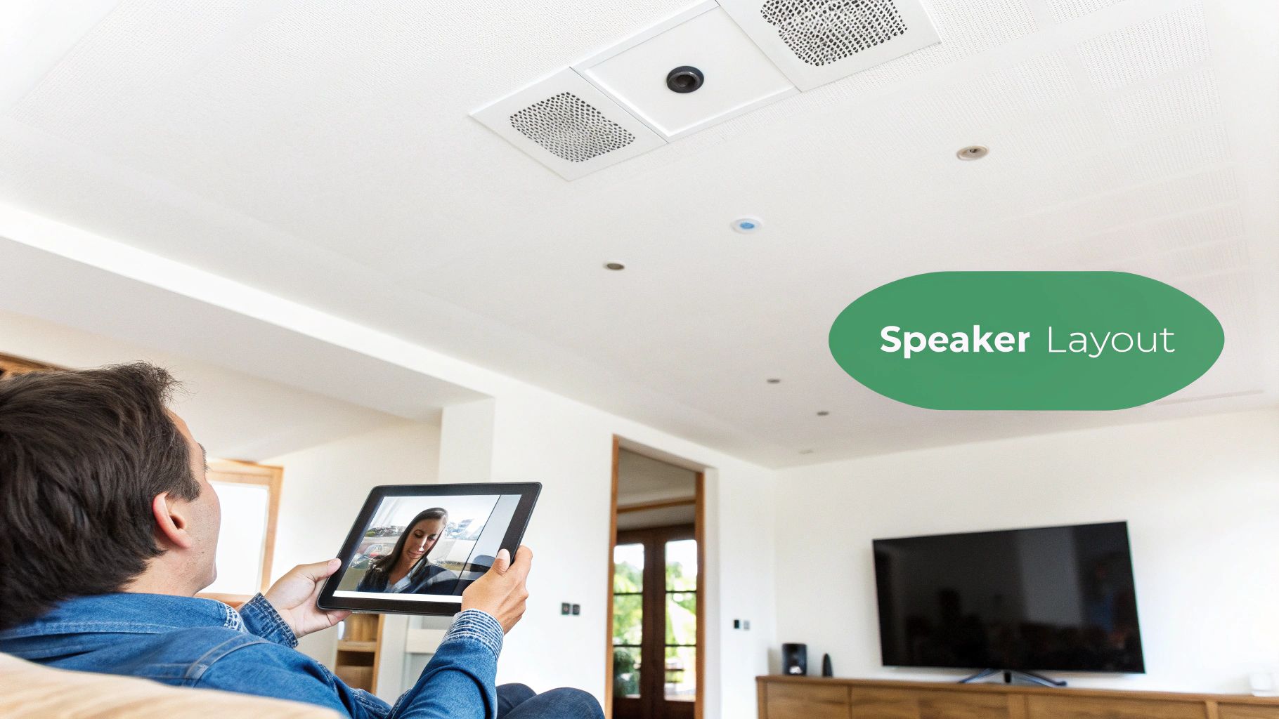 Man on couch looks at a modern ceiling with integrated speakers, camera, and recessed lighting, holding a tablet.