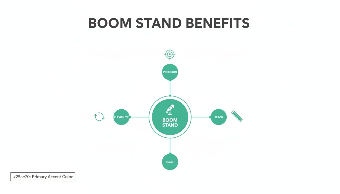 Infographic showing boom stand benefits: precision, flexibility, and extended reach, with illustrative icons.