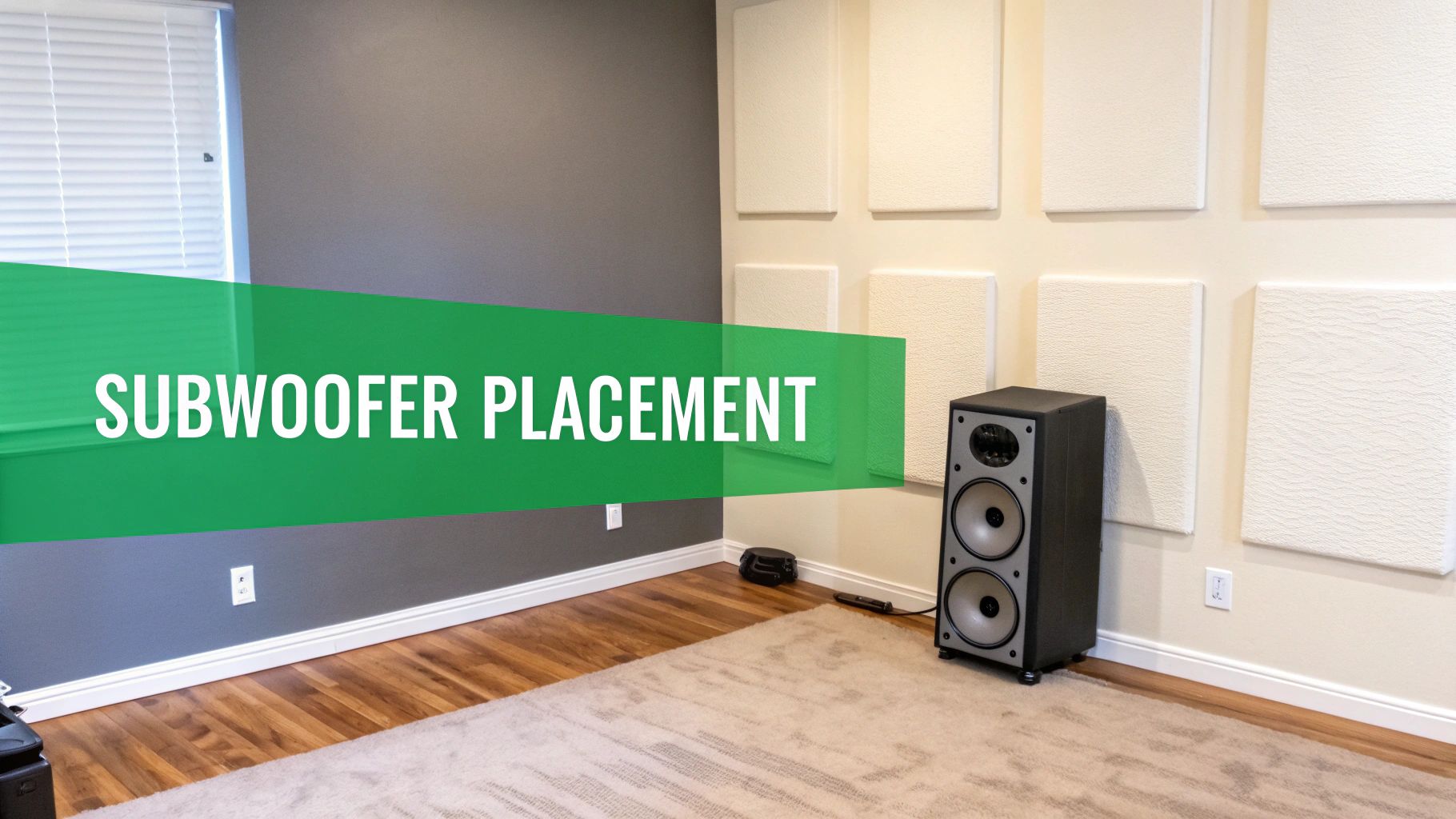 A home theater room with acoustic panels, a large speaker, and 'SUBWOOFER PLACEMENT' banner.