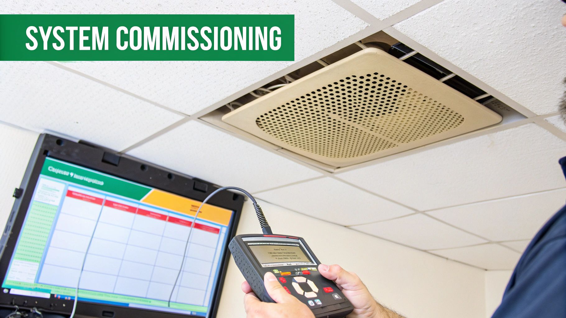 Technician performing system commissioning, holding a diagnostic device connected to a ceiling unit.