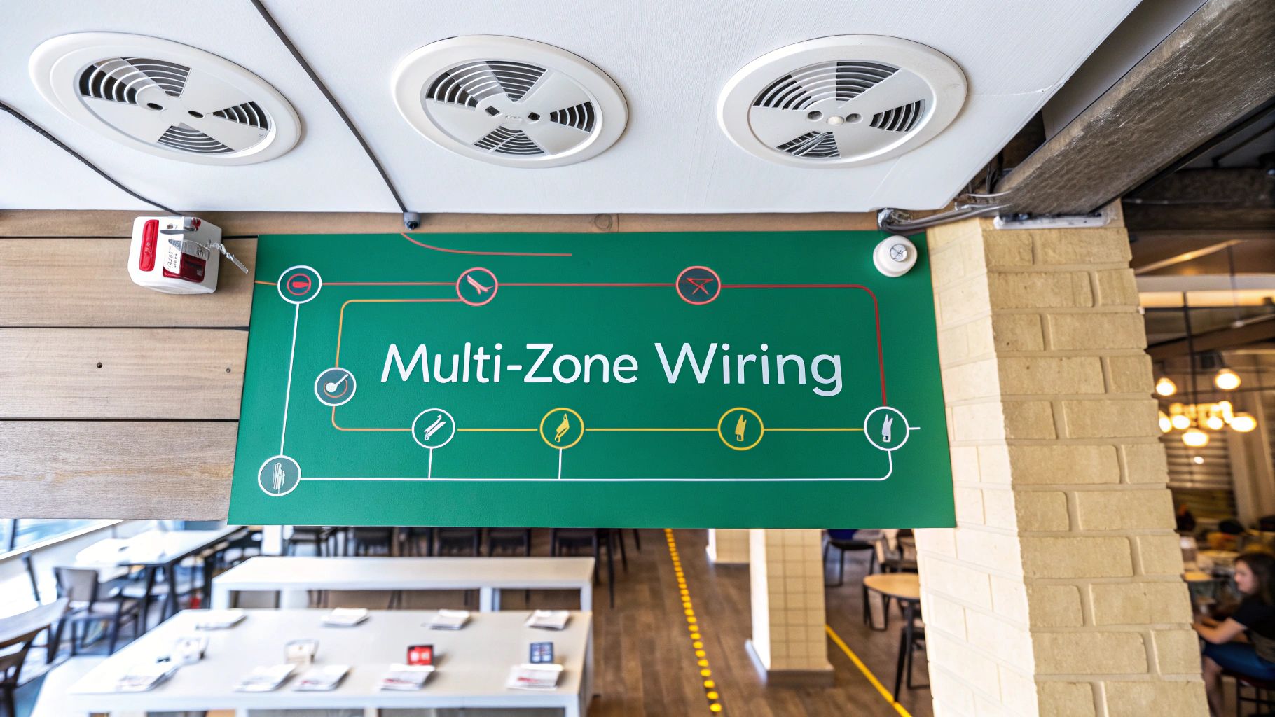 Overhead view of three white ceiling vents and a green 'Multi-Zone Wiring' diagram sign.