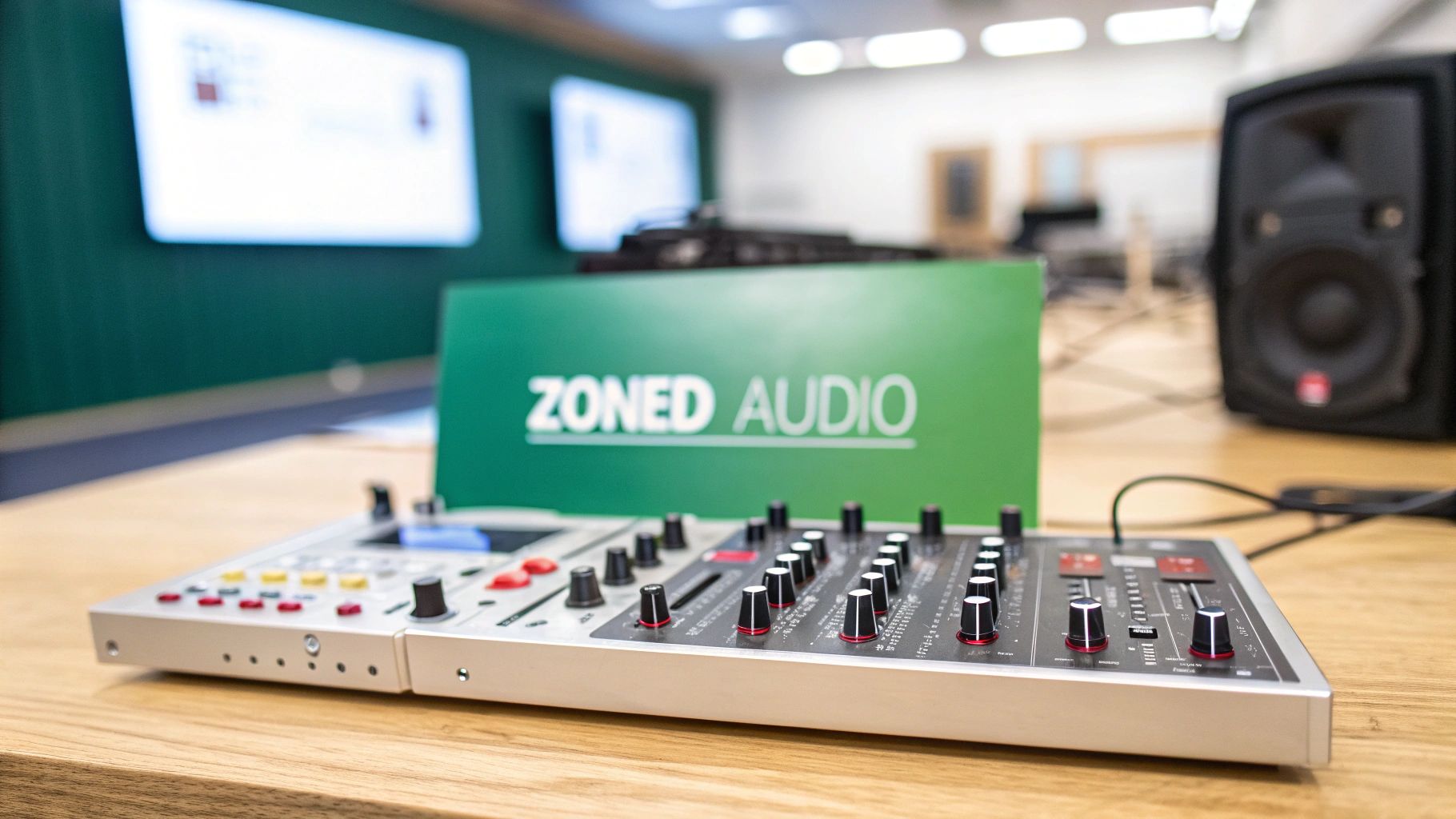 A professional audio mixing console with multiple faders and knobs on a wooden table, in a studio setting.