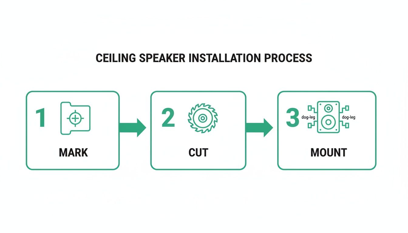 Illustrated guide to ceiling speaker installation, detailing marking, cutting, and mounting steps.