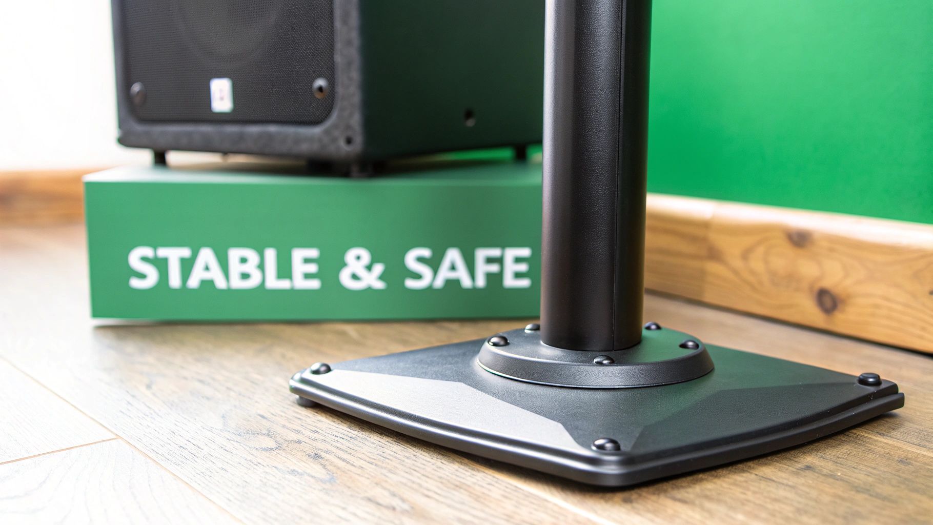 Close-up of a black speaker stand base on a wooden floor, with a green box reading 'STABLE & SAFE' and a speaker in the background.